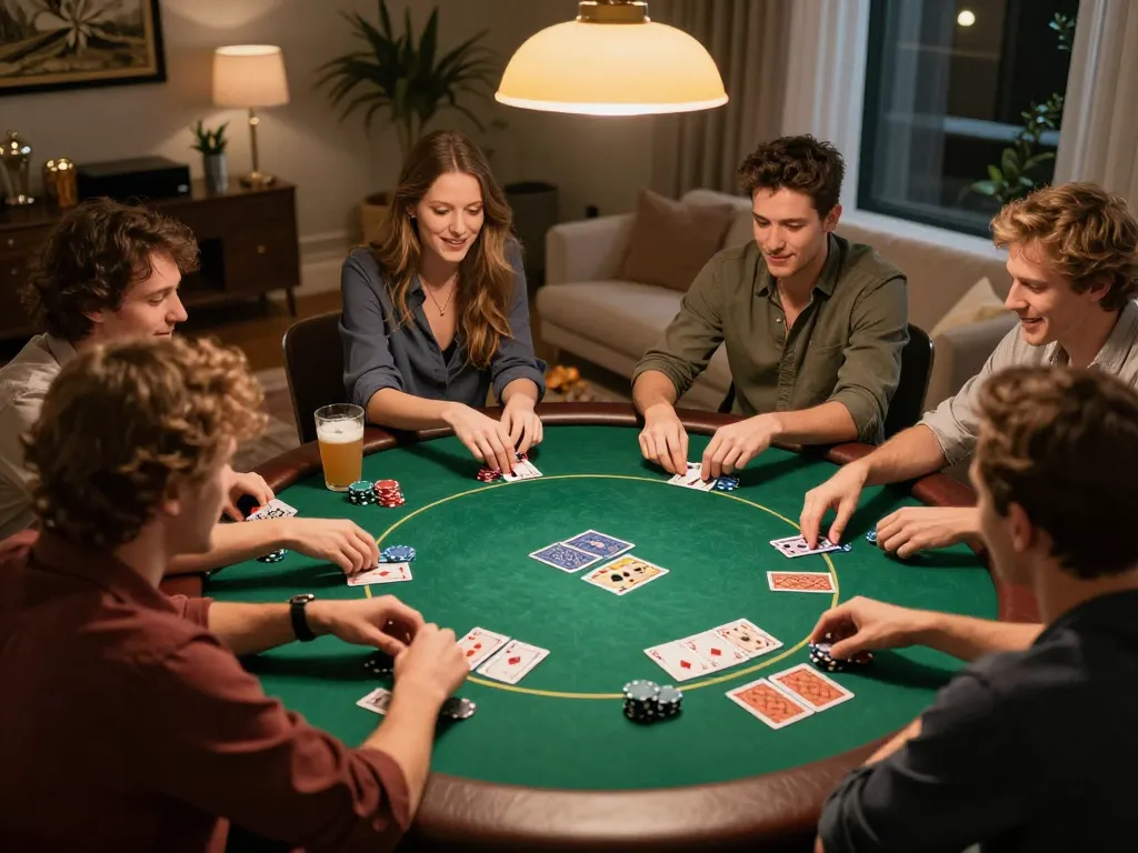 Enjoying a thrilling home poker night with friends while playing aa888 strategy games.