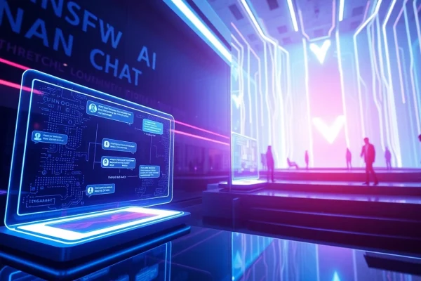 Futuristic digital landscape showcasing NSFW AI chat interactions and holographic interfaces.