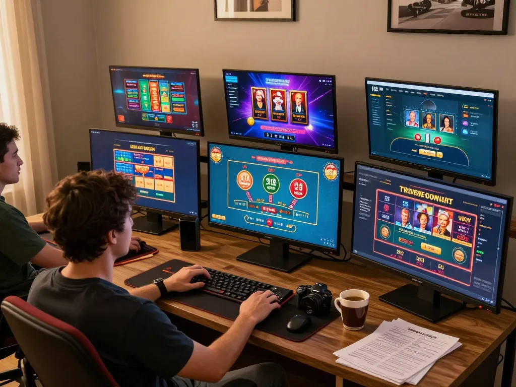 Engaged player enjoying 789club online casino games on multiple screens at home.