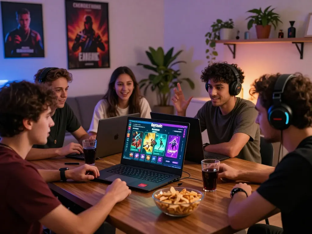 Friends enjoying bomwin online gaming experience in a cozy setting.