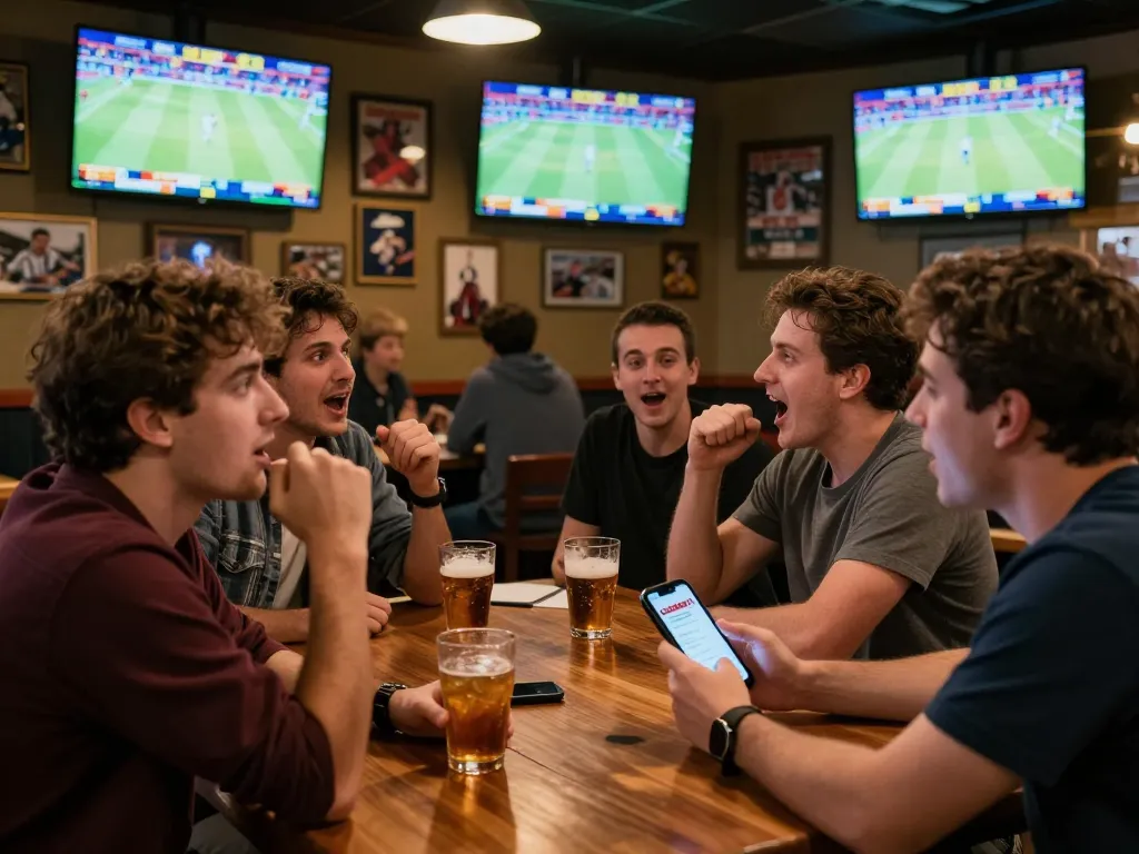 Friends betting on sports using CAKHIA TV app in a lively bar atmosphere