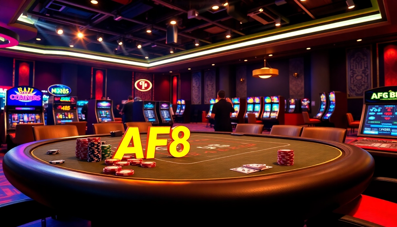 Experience the thrill of gambling with AF88 at a vibrant casino table surrounded by exciting gaming elements.