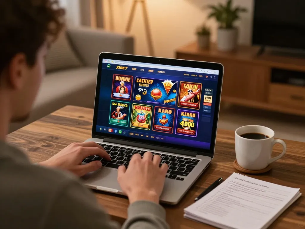 Xibet online gambling setup with player engaged in gameplay on laptop, warm home atmosphere, coffee and strategy notes visible.