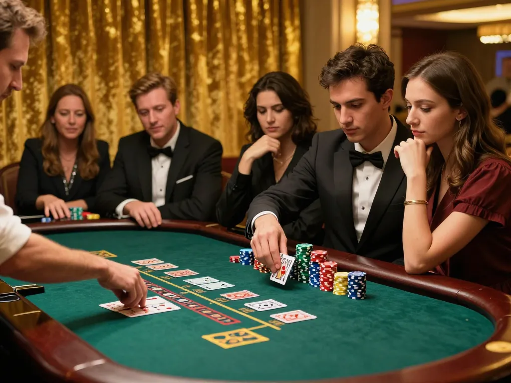 Hitclub players engaging in a thrilling blackjack game with focused expressions and vibrant casino atmosphere