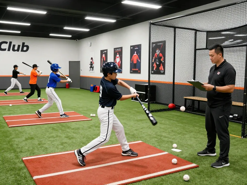 Hitclub baseball training session with athlete hitting in batting cage and coach providing guidance.