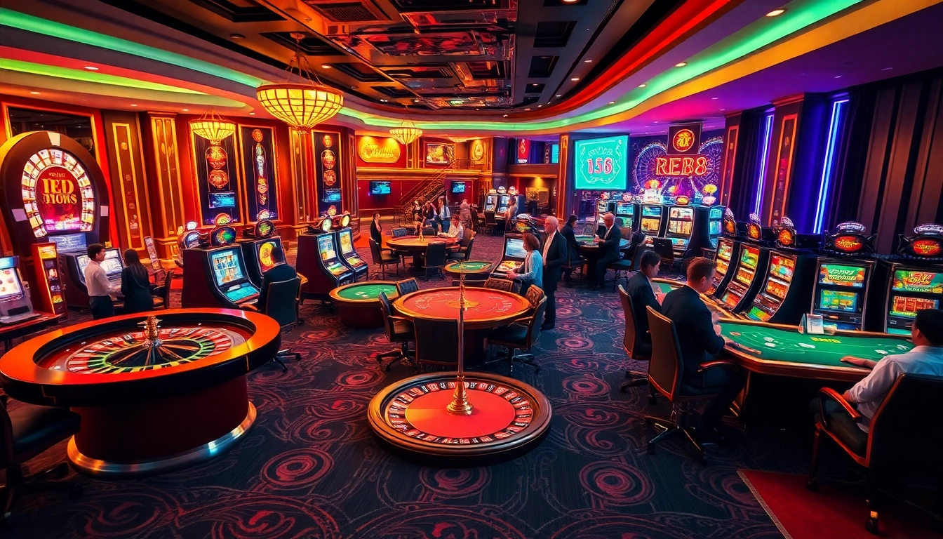 Experience a thrilling atmosphere at https://red88.br.com/, with players enjoying poker and roulette in a luxurious casino scene.