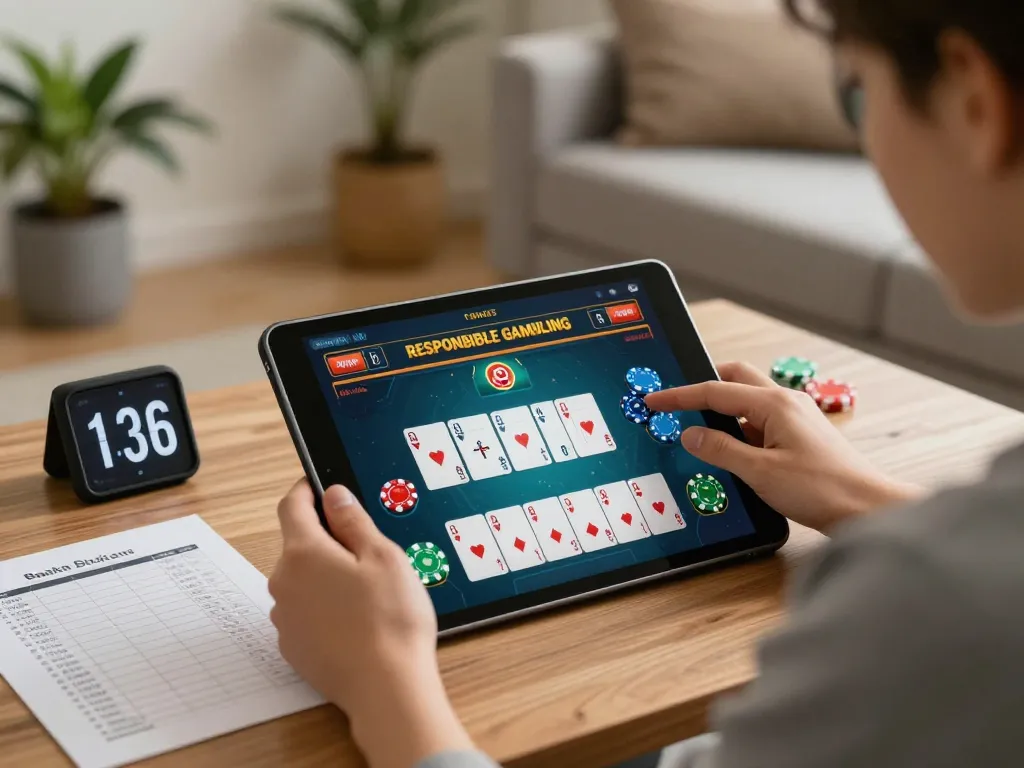 hbet chính thức mobile gaming scenario showcasing a player concentrating on online casino game with responsible gambling elements.