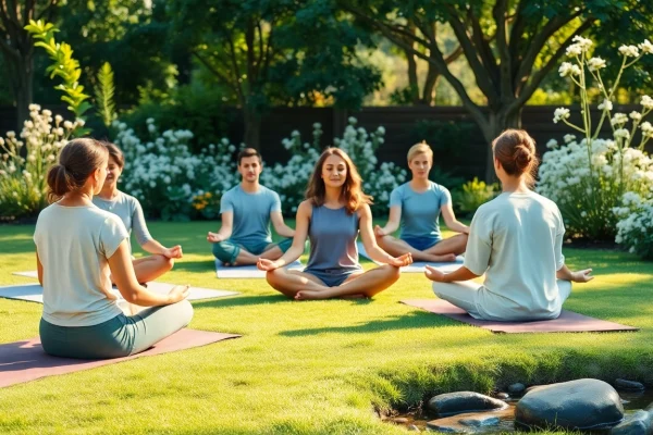 Embracing mental wellness through group meditation in a serene nature setting.