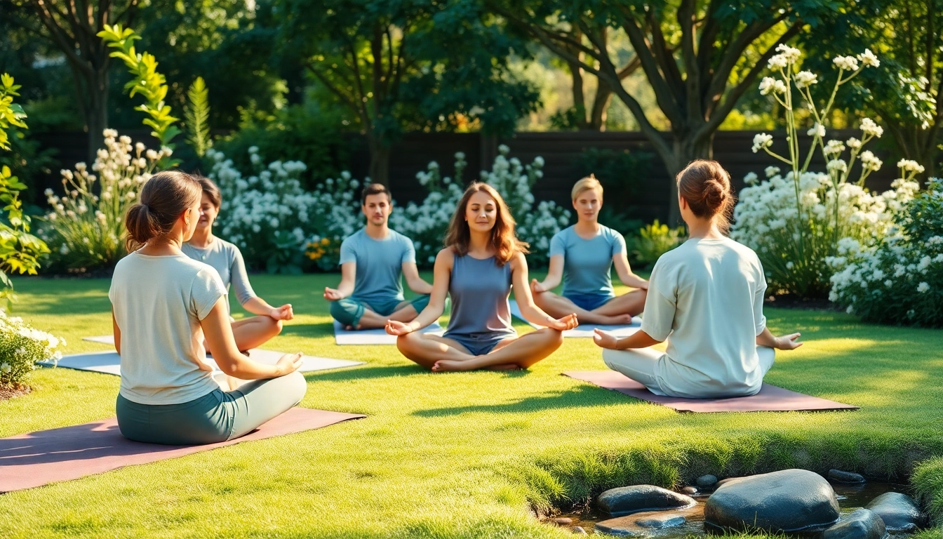 Embracing mental wellness through group meditation in a serene nature setting.