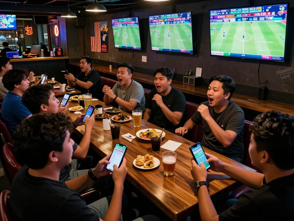 Engaged sports fans placing taruhan bola bets at a lively bar with multiple screens showing live matches.