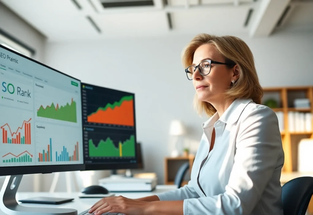 Analyze SEO Rank trends with a digital marketing expert in a modern office.