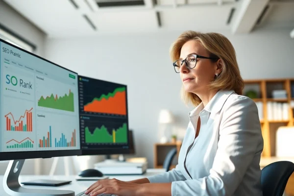 Analyze SEO Rank trends with a digital marketing expert in a modern office.