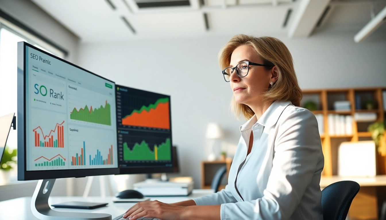 Analyze SEO Rank trends with a digital marketing expert in a modern office.