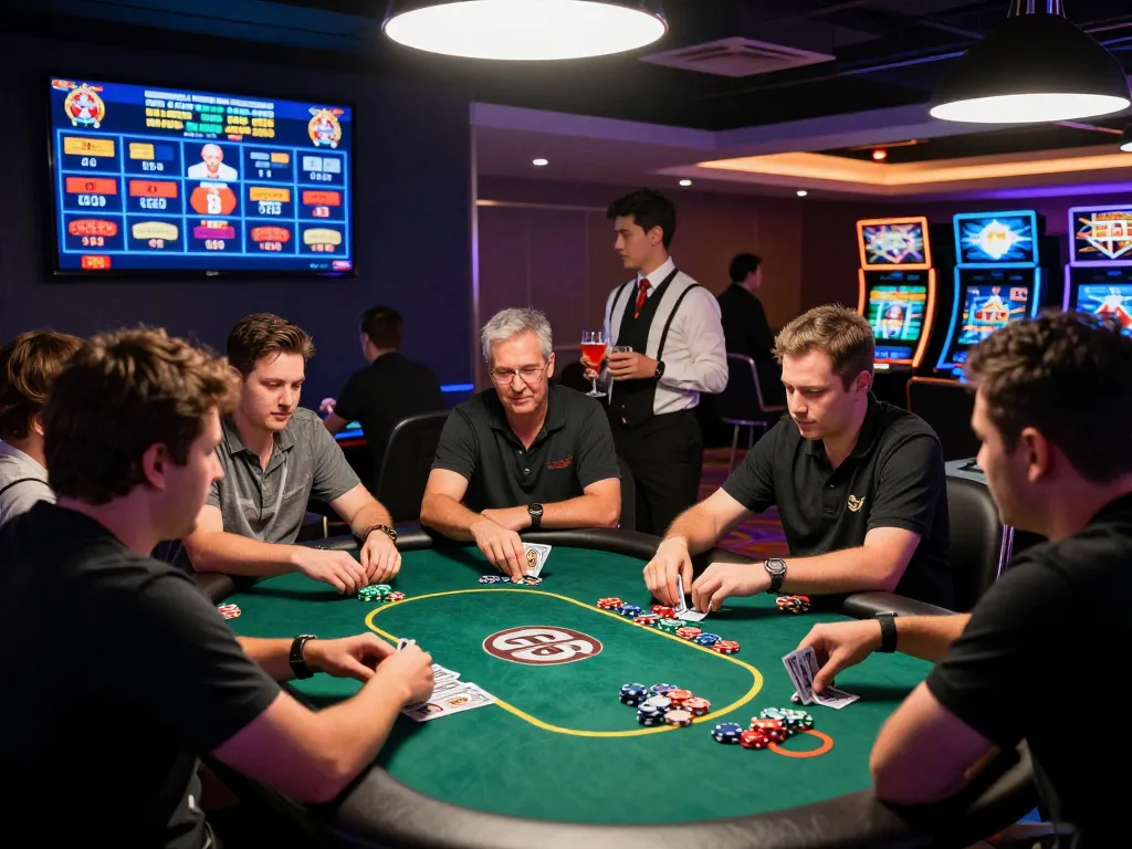 Exciting Gem88 online gaming experience with players at a poker table amidst a lively casino atmosphere.
