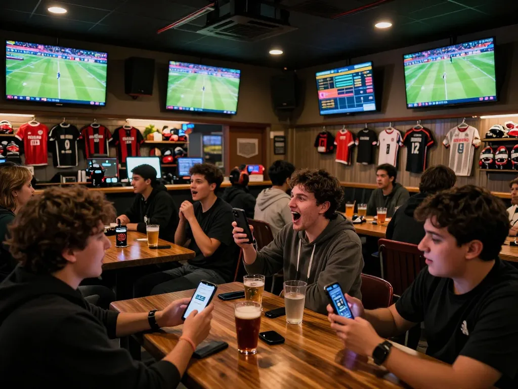 SBOBET users place bets on live sports while enjoying the atmosphere in a vibrant sports bar.