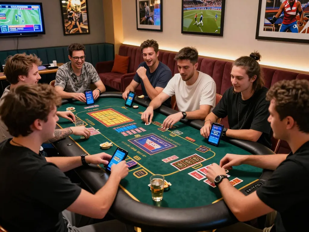 Friends enjoying rikbet at a modern gaming table with vibrant screens