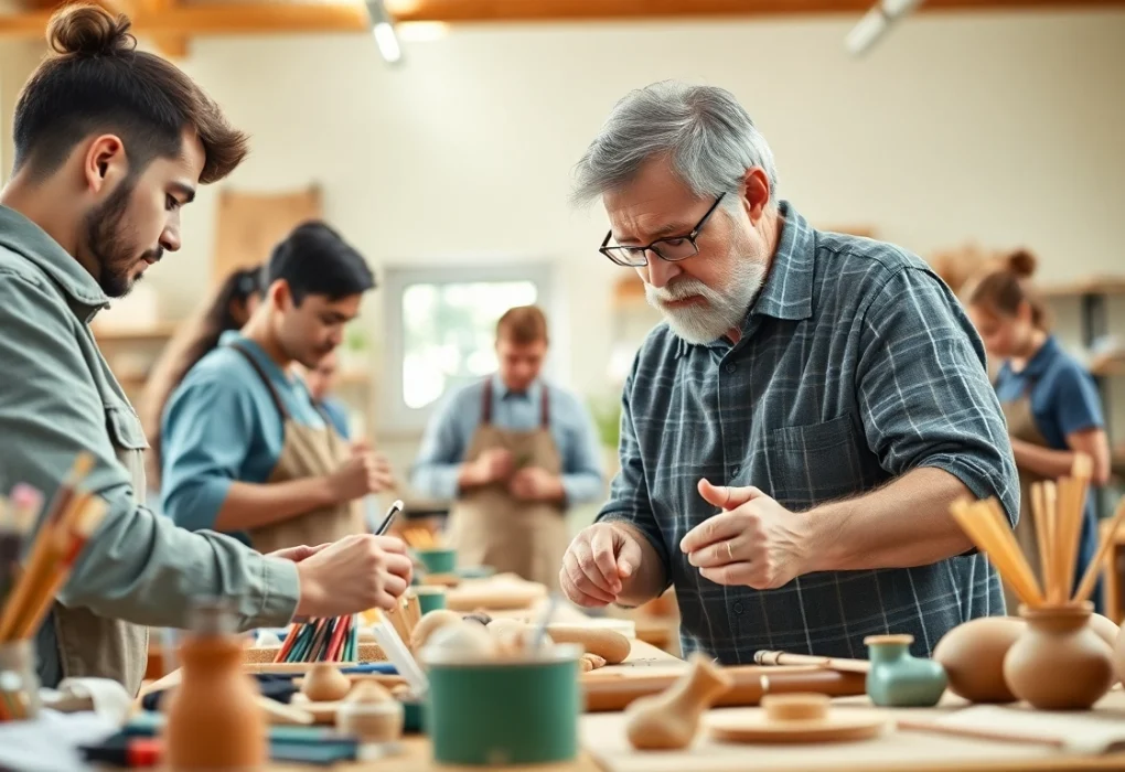 Engaging participants in craft training programs while creating handmade items in a bright workshop.