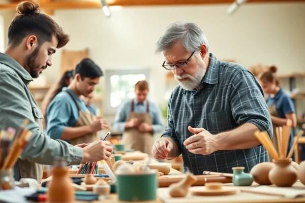 Engaging participants in craft training programs while creating handmade items in a bright workshop.