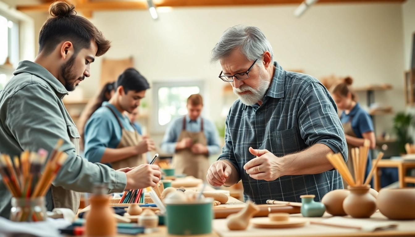 Engaging participants in craft training programs while creating handmade items in a bright workshop.