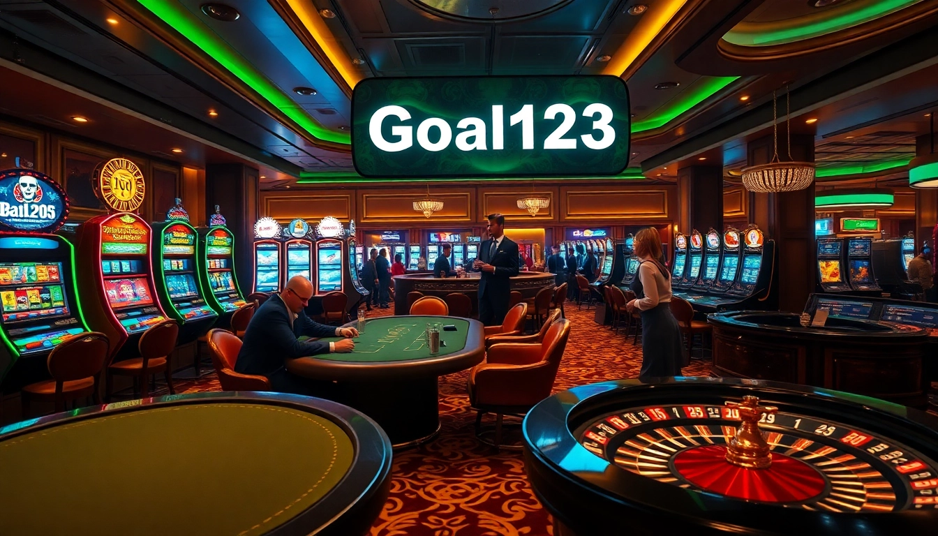 Engaging scene with players at Goal123 poker table amidst vibrant casino ambiance.