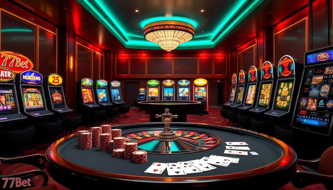 Engage with vibrant 77Bet casino gameplay featuring poker chips and roulette wheel in action.