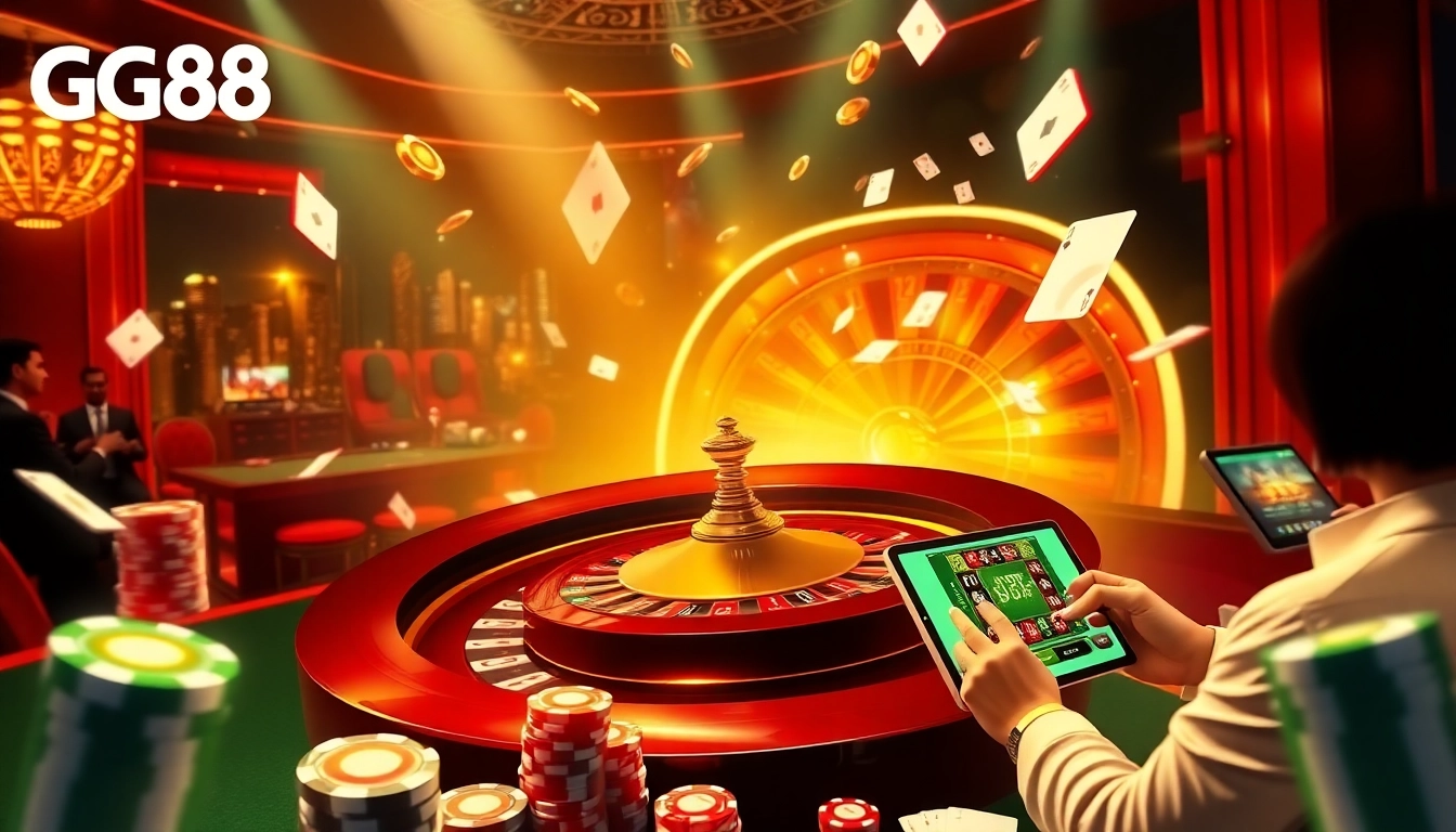 Experience the thrill of GG88 with vibrant casino visuals featuring roulette and poker chips.