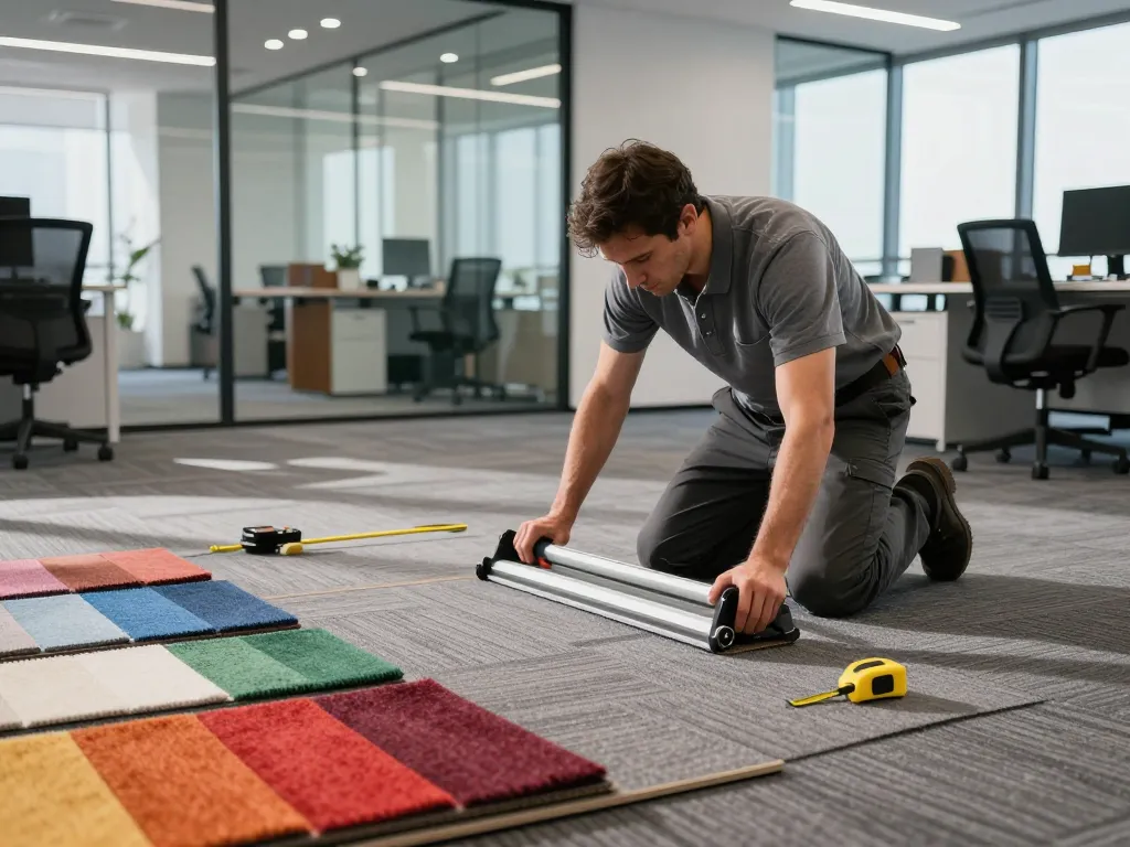 Expert technician performing commercial carpet installation in modern office.