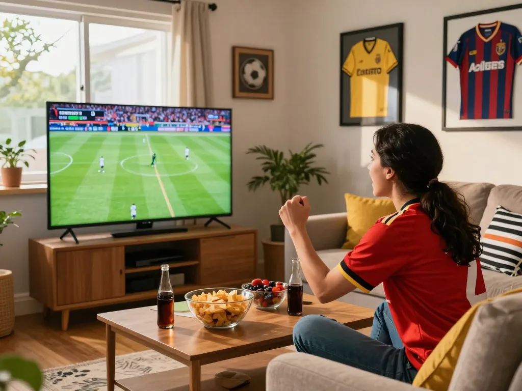 Excited football fan at home enjoying live streaming on https://cakhiatvcc.tv/ with snacks and a large screen displaying the match.