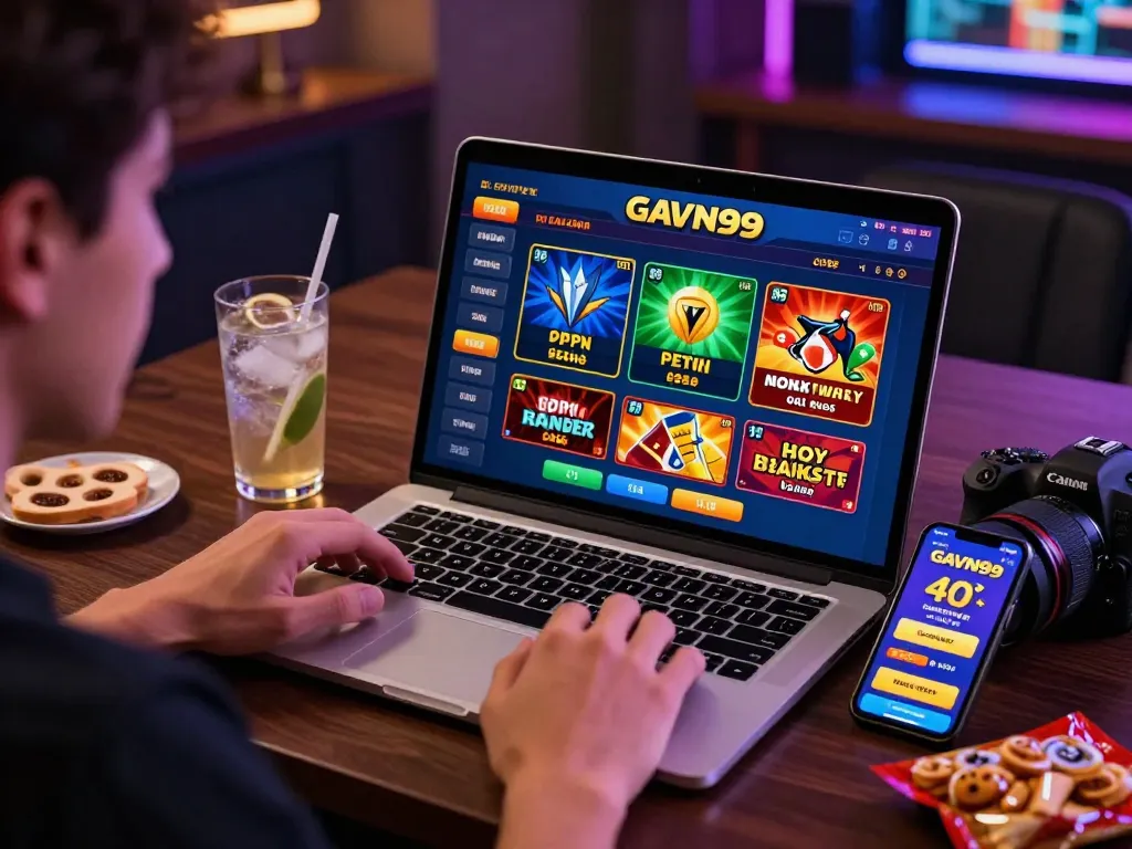 Engaging in online betting at https://www.gavn99.app/ with vibrant game graphics, cozy gaming space, and refreshments.