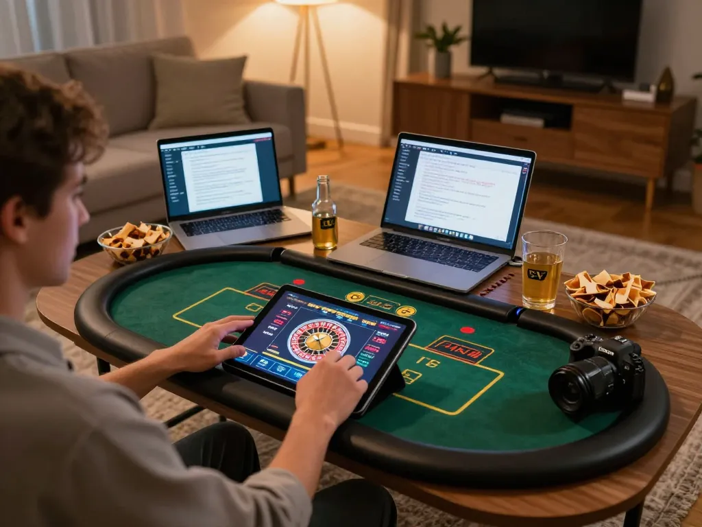 Engaged player enjoying shbet online gaming session using a tablet in cozy home environment.