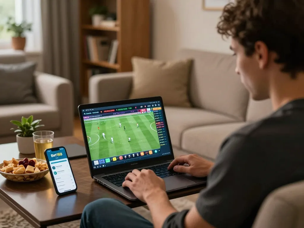 Bet168 sports betting scene with user engaging in real-time odds calculation on laptop