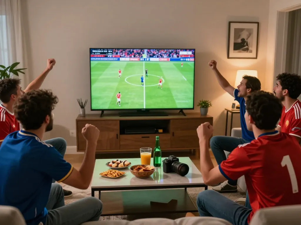 Excited fans watching Okwintv soccer match in a vibrant living room.