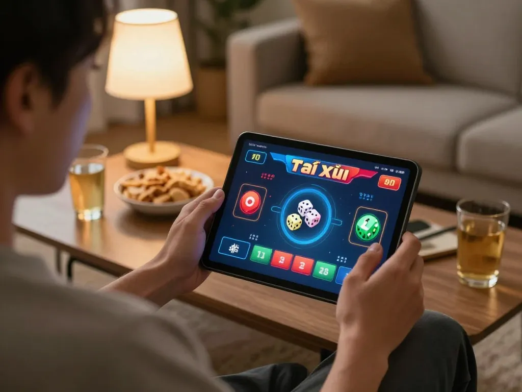 Engaging in tài xỉu online gaming on a tablet in a cozy home setting.