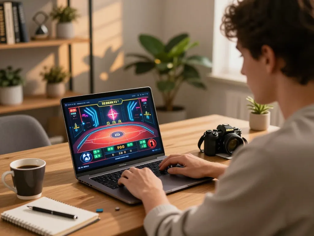 Engaged player strategizing gameplay on Sunwin's online gaming platform, focused on laptop.