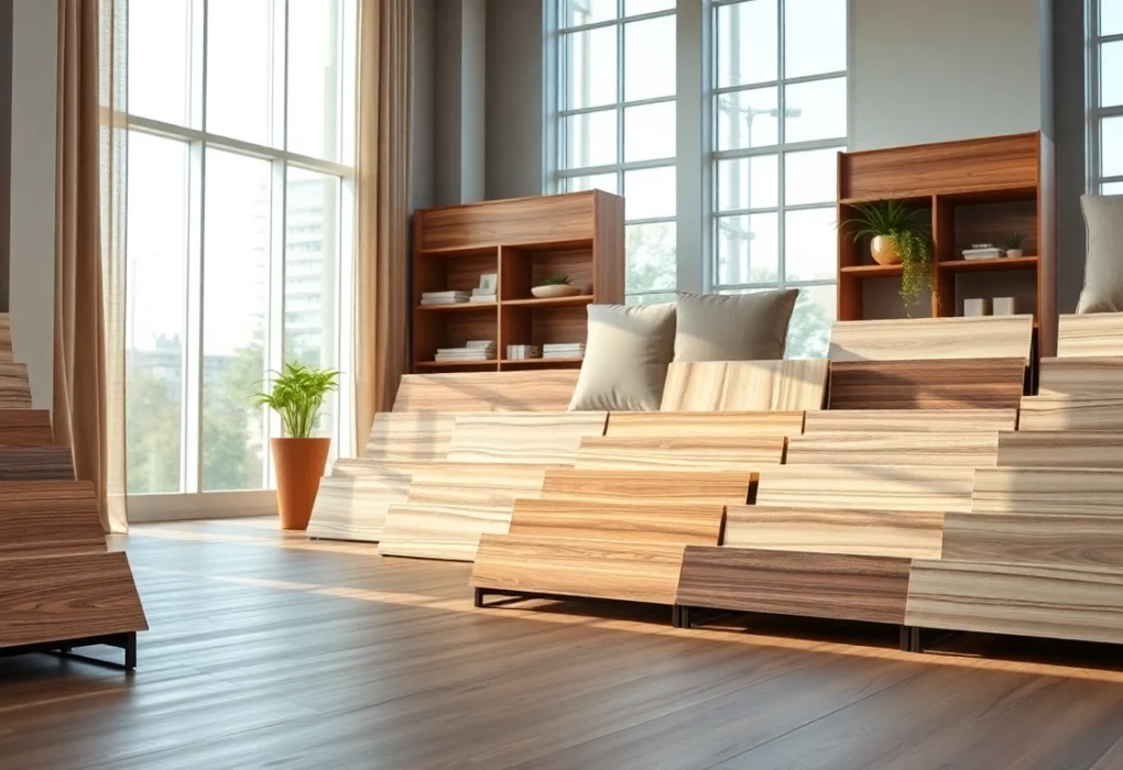 Explore flooring near me options showcased in a modern showroom with natural lighting.