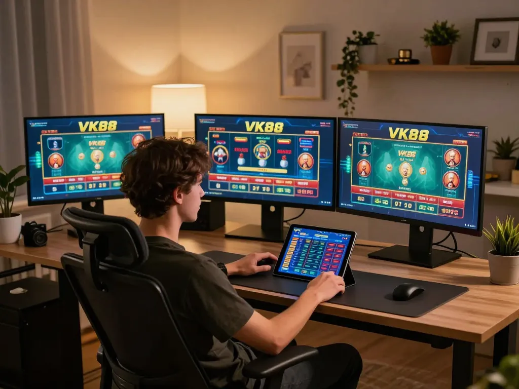 VK88 gaming setup showcasing multiple screens, engaging gameplay, and a cozy home atmosphere.