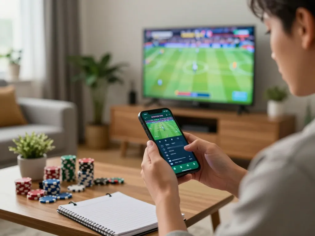 Jun88 user placing sports bets on a smartphone, showcasing dynamic home gaming atmosphere.
