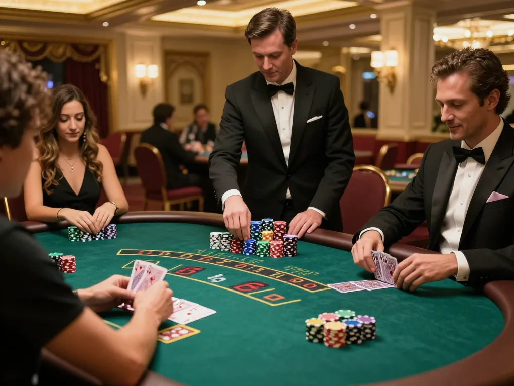 xi88 table with stylish players at a blackjack game, colorful chips stacked and dealer managing bets