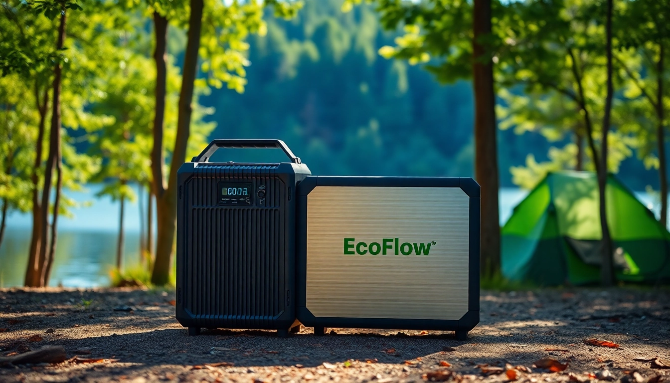 EcoFlow portable power station prominently displayed in a nature setting with vibrant greens and blues.