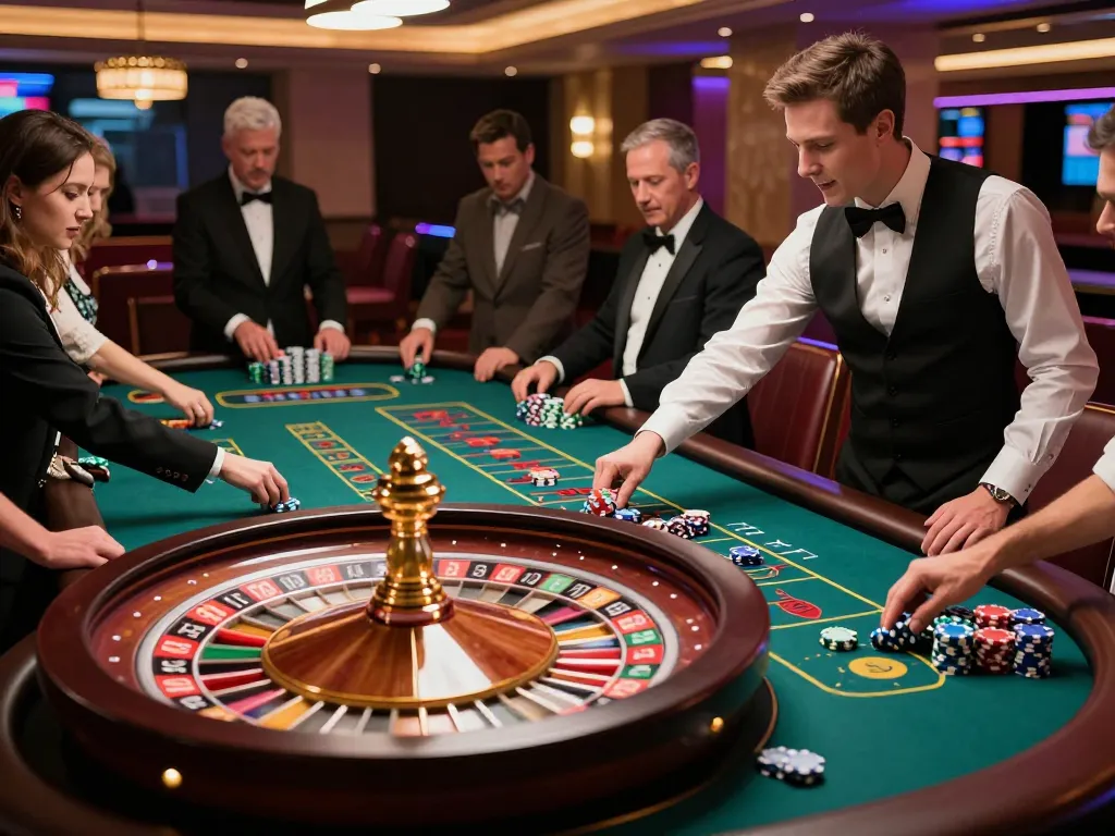 Join the excitement at TG88 casino with players placing bets and spinning the roulette wheel.