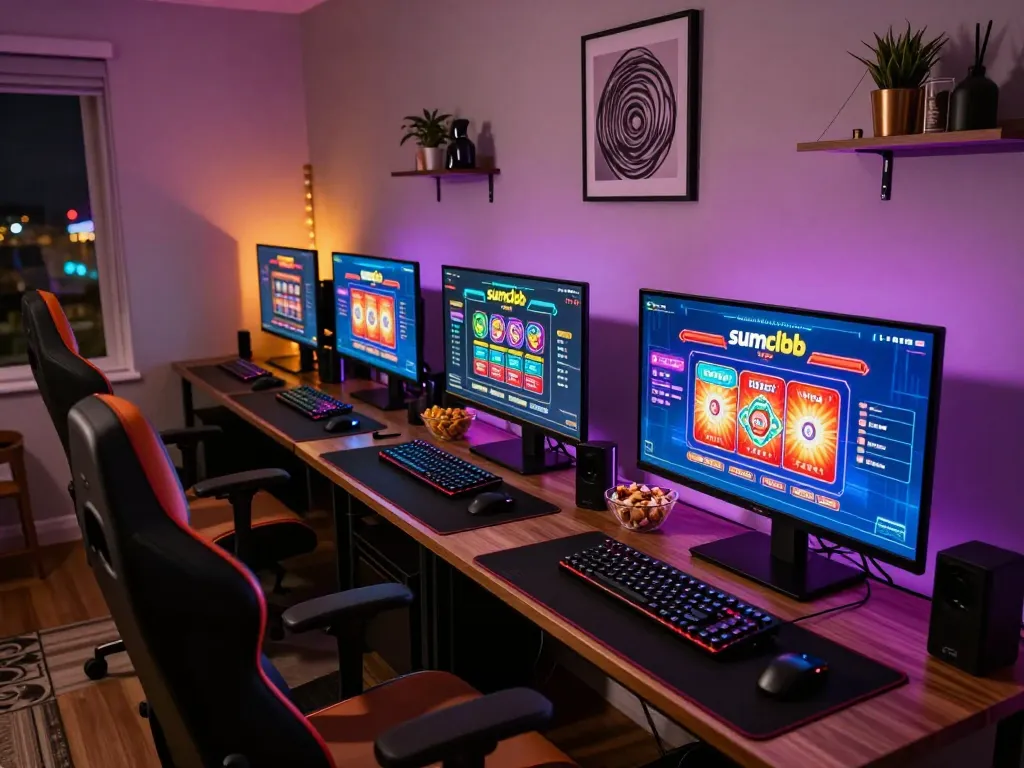 Player engaging in sumclub games at a modern home gaming setup with multiple screens