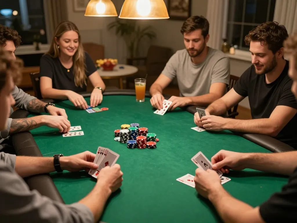 Twiin68 poker night in a stylish home, vibrant game with friends enjoying competitive atmosphere.