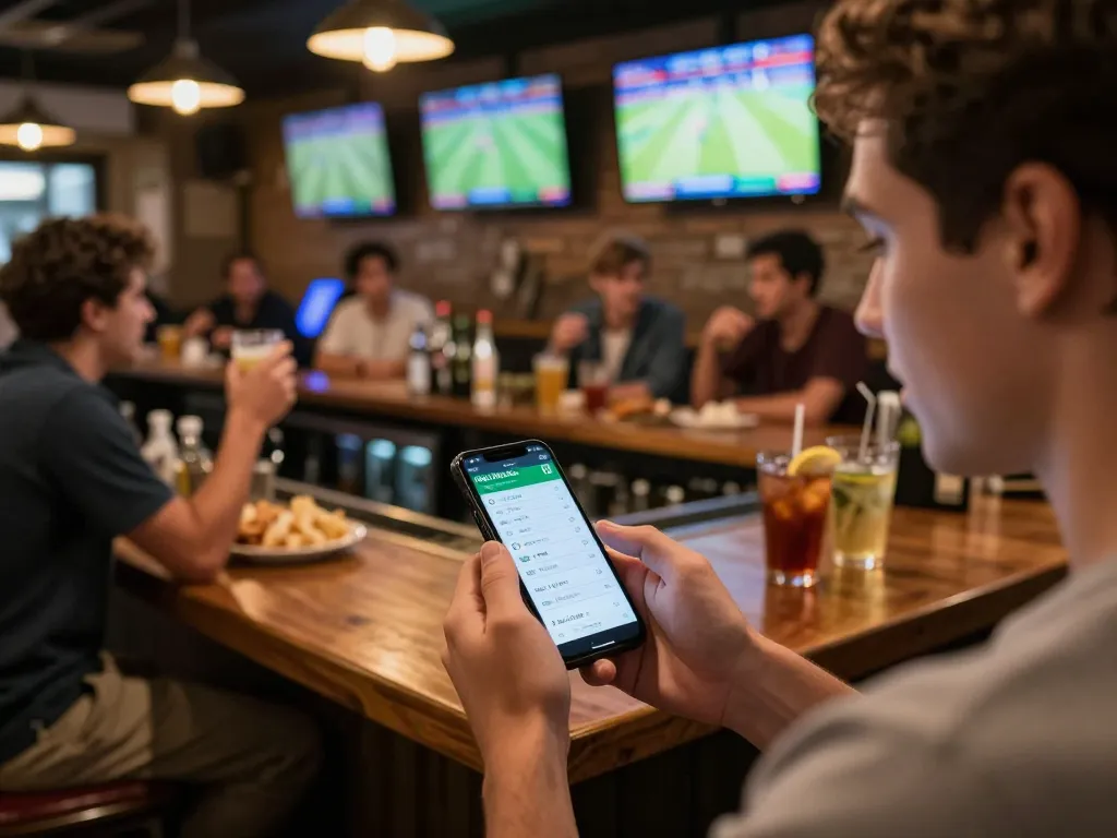Kèo Nhà Cái sports bettor using mobile app in a vibrant sports bar, showcasing live games and exciting atmosphere.