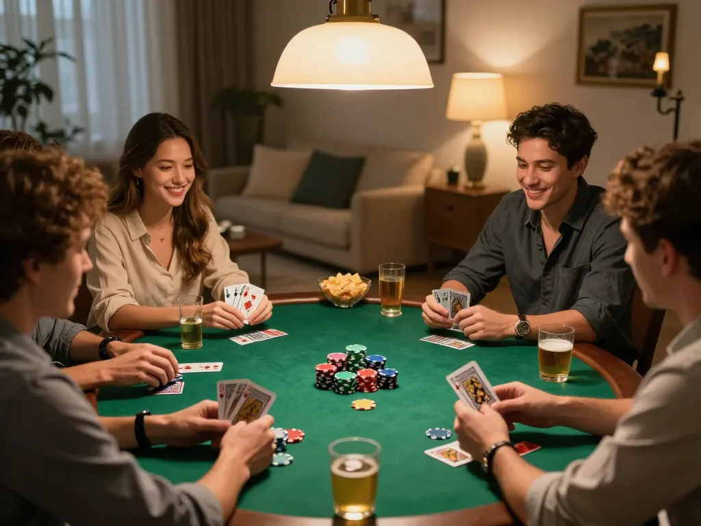 Tải hitclub with friends enjoying a vibrant poker night, cards dealt and chips placed on the table, enhancing the gaming spirit.