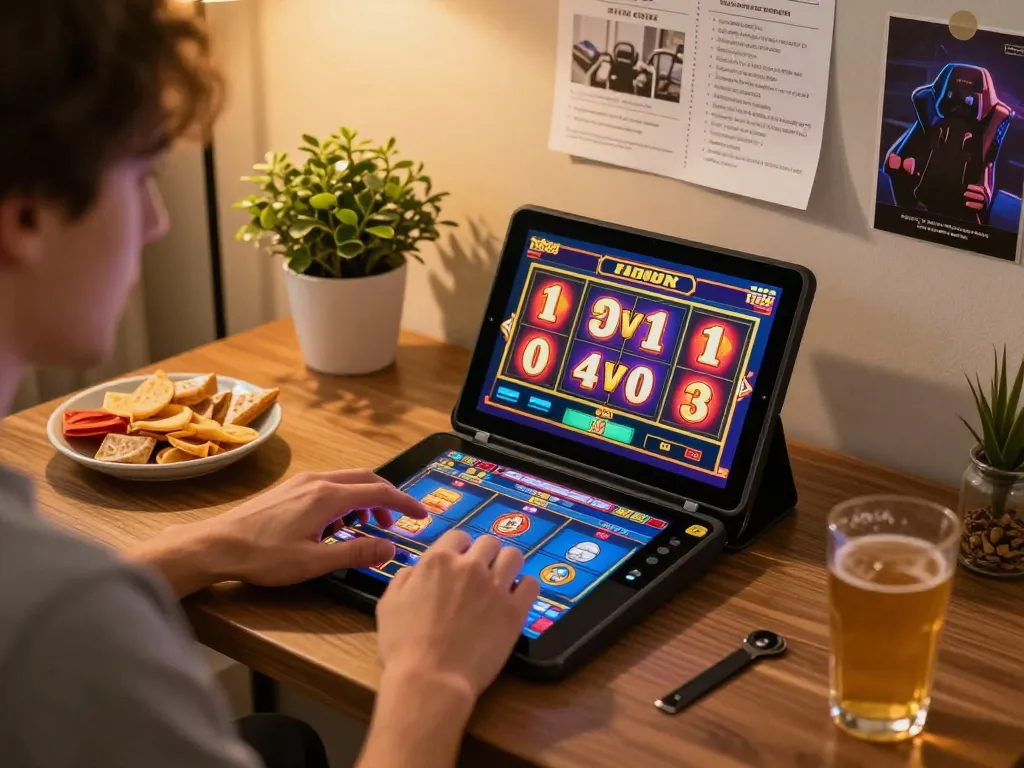 Player enjoying a slot game experience on tg88 in a cozy home setup with snacks.