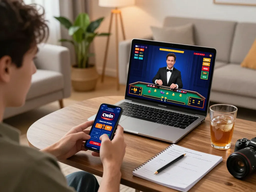 Cwin player engaging with the casino app on smartphone, enjoying a strategic online gaming experience.