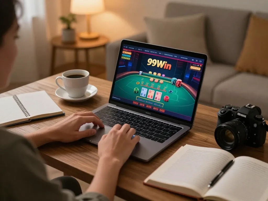 Engaging in a live dealer game on 99Win's online platform, showcasing home gaming atmosphere.