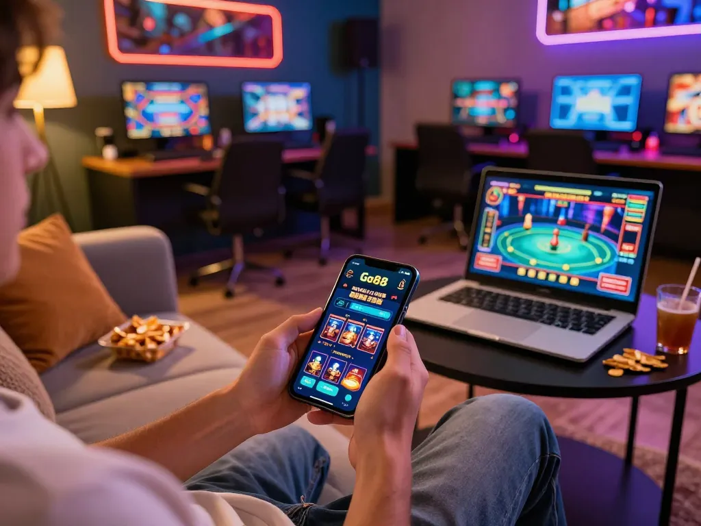 Go88 mobile app in action during an exciting online casino game on a cozy sofa.