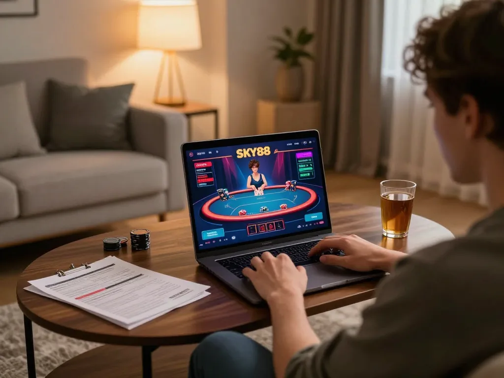 Engaging in online poker tactics at SKY88 from a cozy gaming setup.