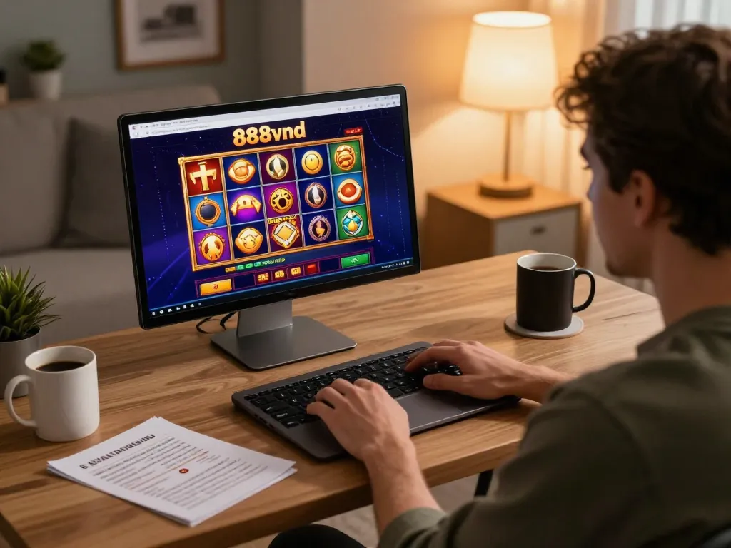 Player engaging with 888vnd online casino from a cozy home office, illustrating responsible gaming.